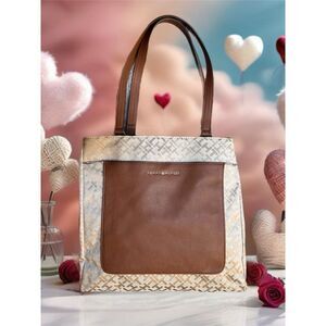 Tommy‎ Hilfiger Geometric Pattern Tote Bag Brown Leather Trim Shoulder Bag